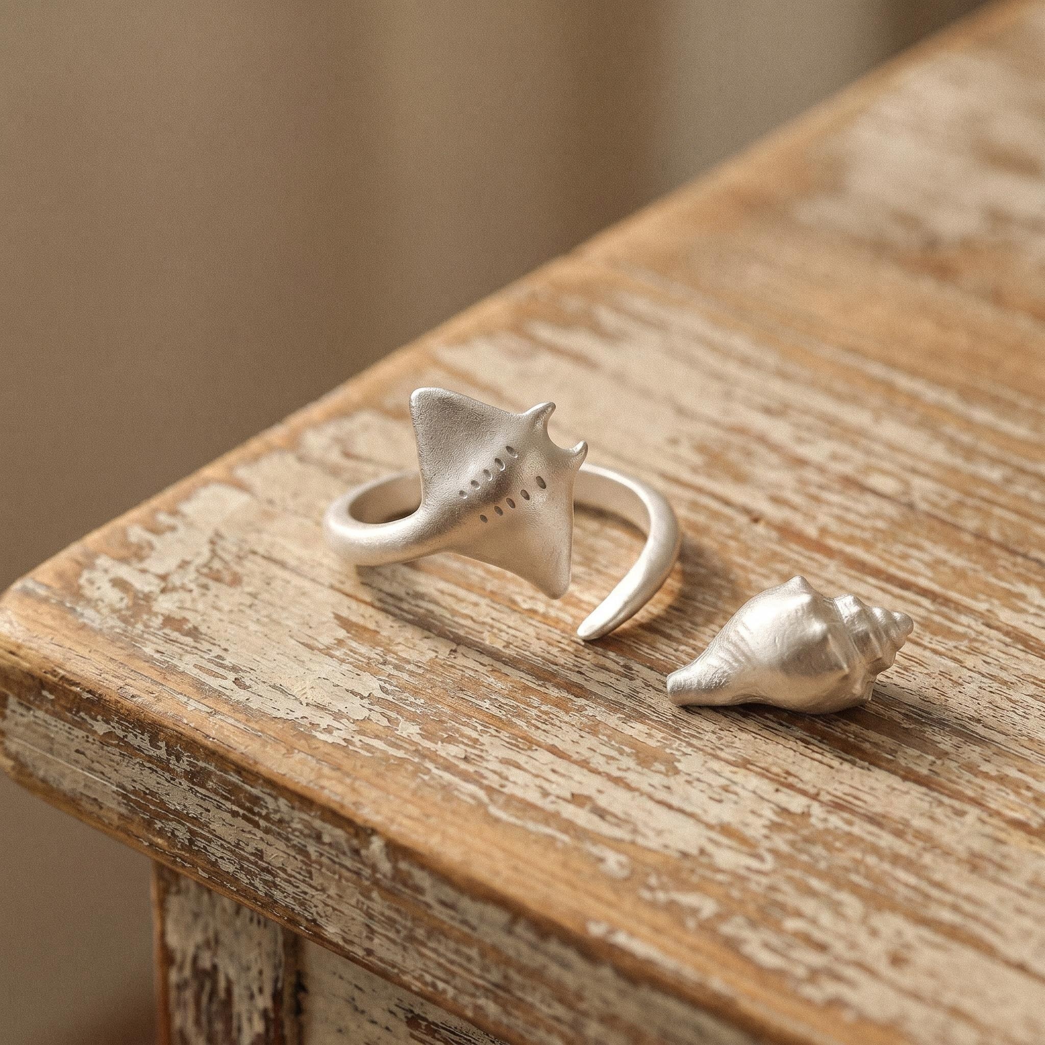 925 Silver Deep Sea Manta Ray Vintage Adjustable Ring